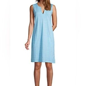32 LANDS’ End Size Large Swim Cover Pocket Cotton Blue Plaid Dress Midi